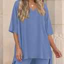 PRETTYGARDEN 2 Piece Sets for Women Summer 2026 Lounge Short Set Spring Matching Biker Shorts V Neck Oversized Shirt Clothing (Blue, XL)
