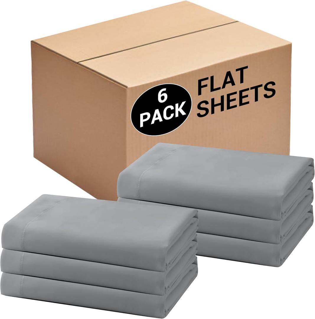 Bulk King Flat Sheets Only, 6 Pack Quick Sort Top Bed Sheet, Color-Coded Label Threads, Wrinkle-Free Shrinkage Durable Microfiber Hotel Motel Airb&bs Essentials for Hosts (105"x102", Light Gray)