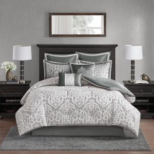 Madison Park Odette Cozy Comforter Set Jacquard Damask Medallion Design - Modern All Season, Down Alternative Bedding, Shams, Decorative Pillows, Cal King(104 in x 92 in), Silver 8 Piece