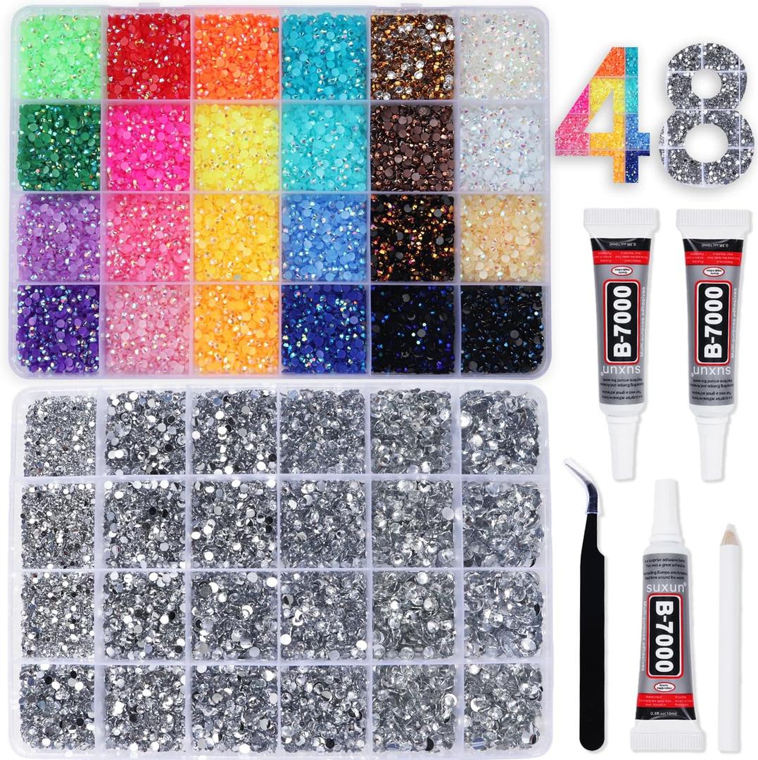 2 Boxes Rhinestones for Bedazzling Kits, Multicolor 3mm & Silver Clear 2/3/4/5/6mm Resin Flatback Gems for Diamond Art, Bedazzler Kit with 3Pcs 10ml B7000 Jewelry Glue for DIY Crafting Crafts Decor