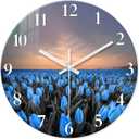 XFM Round Wall Clock 16 Inch Silent Wall Clocks Battery Operated Blue Tulip Flowers Glass Clock Decorative for Kitchen Living Room Bedroom Office
