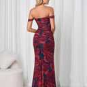 Off Shoulder Corset Long Formal Wedding Guest Dresses for Women Floral Slit Ruched Bodycon Maxi Dress (L)