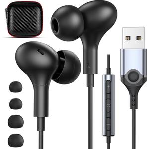 USB Headphones with Microphone for Laptop, 7.5ft Magnetic Wired Earbuds Noise Isolation in-Ear Earphones with Mute Volume Control Stereo Bass for PC Desktop Dell HP Acer Laptop Meetings/Music,School (Black)