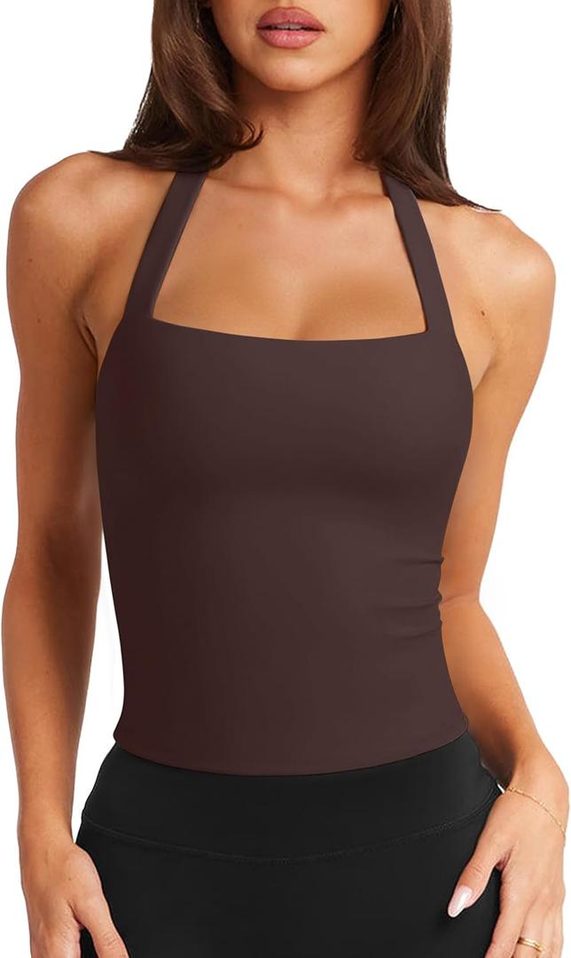 LASLULU Womens Sexy Halter Sports Bra Workout Tops Wirefree Sleeveless Gym Yoga Tank Tops Y2k Casual Crop (Brown, L)