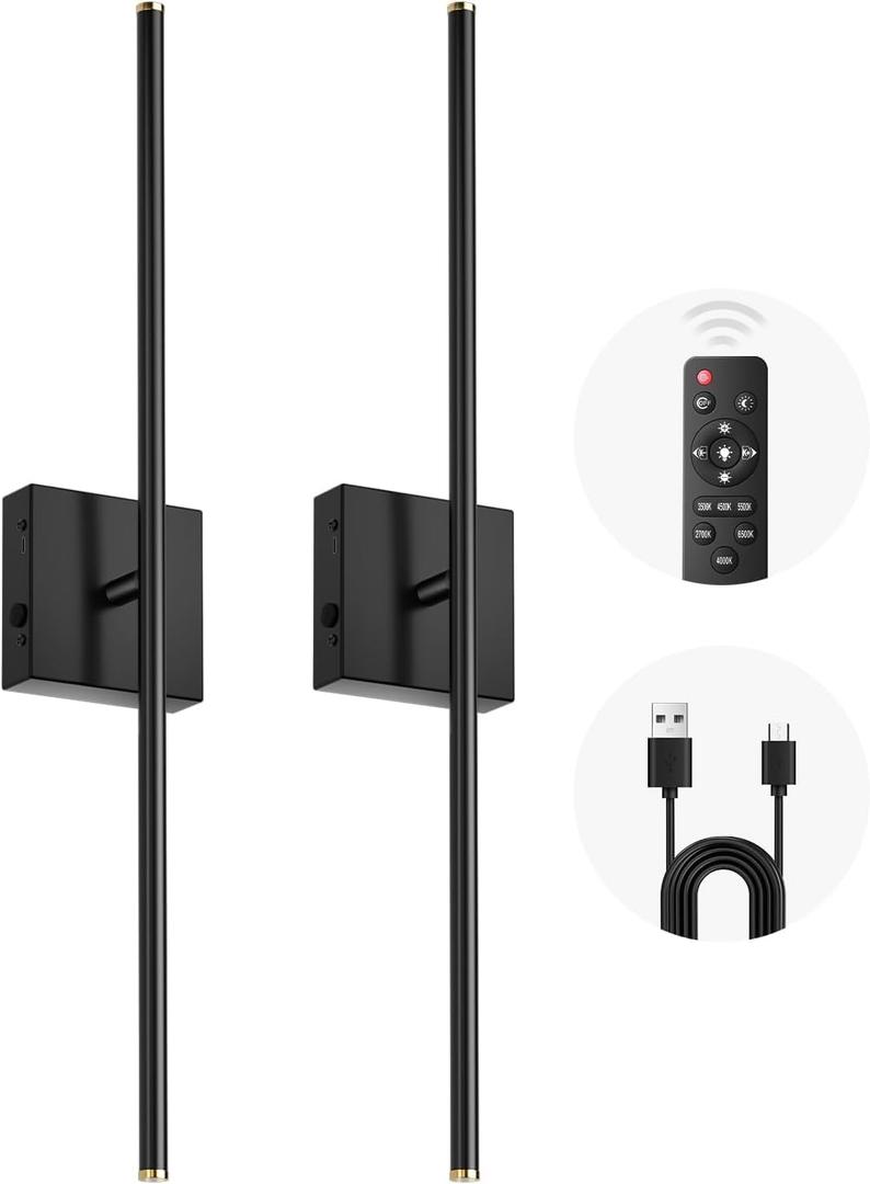 CLY Battery Operated Wall Sconces Set of 2, 10000mAh Rechargeable Wireless Wall Lights with Remote, 6 Color Temp Dimmable 350 Rotate Wireless Wall Scone Decor for Mirror Bedroom Living Room 28 Inch