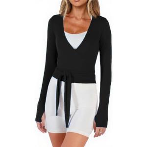 Women Crop Wrap Top Thumb Hole Long Sleeve Active Self Tie Workout Shirt Ballet Pilates Yoga Wrap Tops (Large, Black)