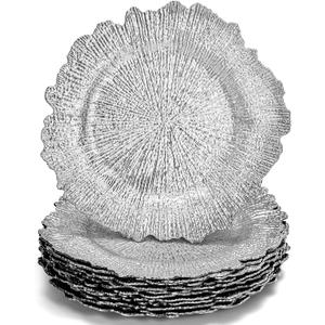 WUWEOT 12 Pack Charger Plates, 12.7" Round Plastic Reef Plate Chargers with Flora Reef Design for Wedding Dinner Party Decoration (Silver)