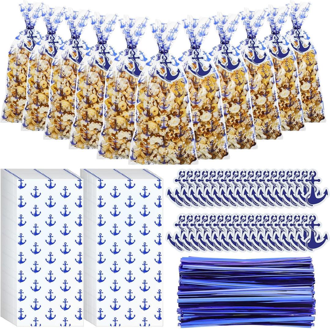 Gueevin 150 Set Nautical Anchor Cellophane Treat Bags Bulk Goodie Candy Cookie Cello Bags with Twist Ties Gift Cards Party Favors for Party Supplies