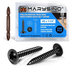 250Pcs Wood Screws #8 x 1-1/4", Phillips Modified Truss Head 1 1/4 Deck Screws, Zinc Oxide Self Tapping Assorted Small Wood Screws for Household Appliances Furniture, Woodworking, Outdoor by Marysino (Black)