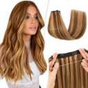 Benehair Halo Hair Extensions Real Human Hair 16 Inch Invisible Wire Hair Extensions with Fish Line Medium Brown Mixed Dark Blonde Halo Hair Extension 100% Human Hair Halo Extensions 65g #4&27