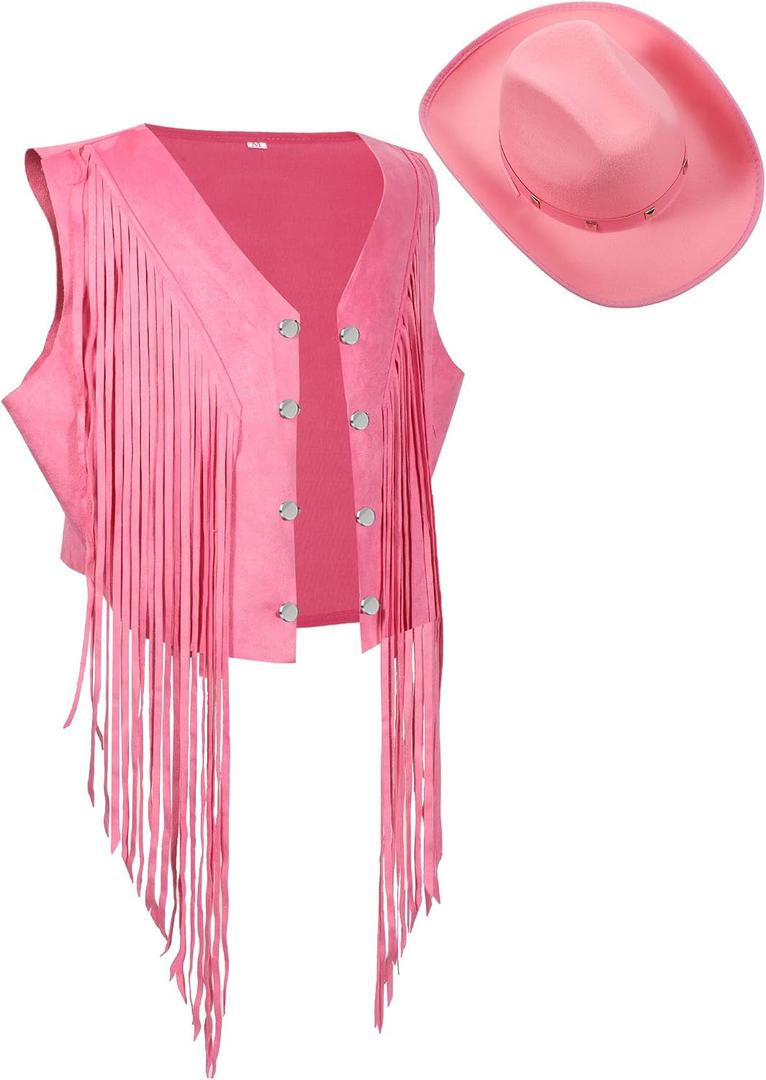 Yaomiao 70s Hippie Womens Fringe Vest Western Felt Cowgirl Hat Cowgirl Costume Rivets Sleeveless Faux Suede Tassels Jacket (Pink, M)