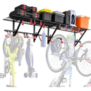 PLKOW Garage Wall Shelving Includes Bike Hooks, Sturdy Adjustable Garage Shelving Wall Mount Garage/Organizer (Black, 2-Pack)