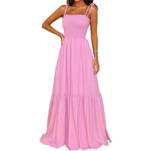 kinstell Women's 2025 Summer Casual Boho Sleeveless Spaghetti Strap Smocked Square Neck Ruffle A Line Beach Long Maxi Dress (Pink)