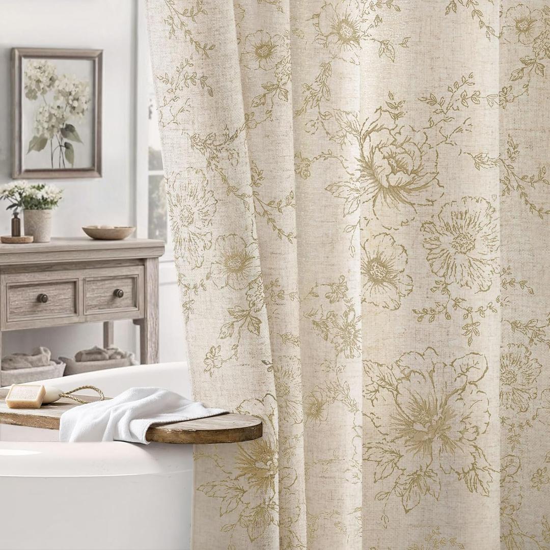 Farmhouse Floral Linen Shower Curtain, Vintage Beige Pattern Rustic Shower Curtains for Bathroom, Tan Taupe,72x78