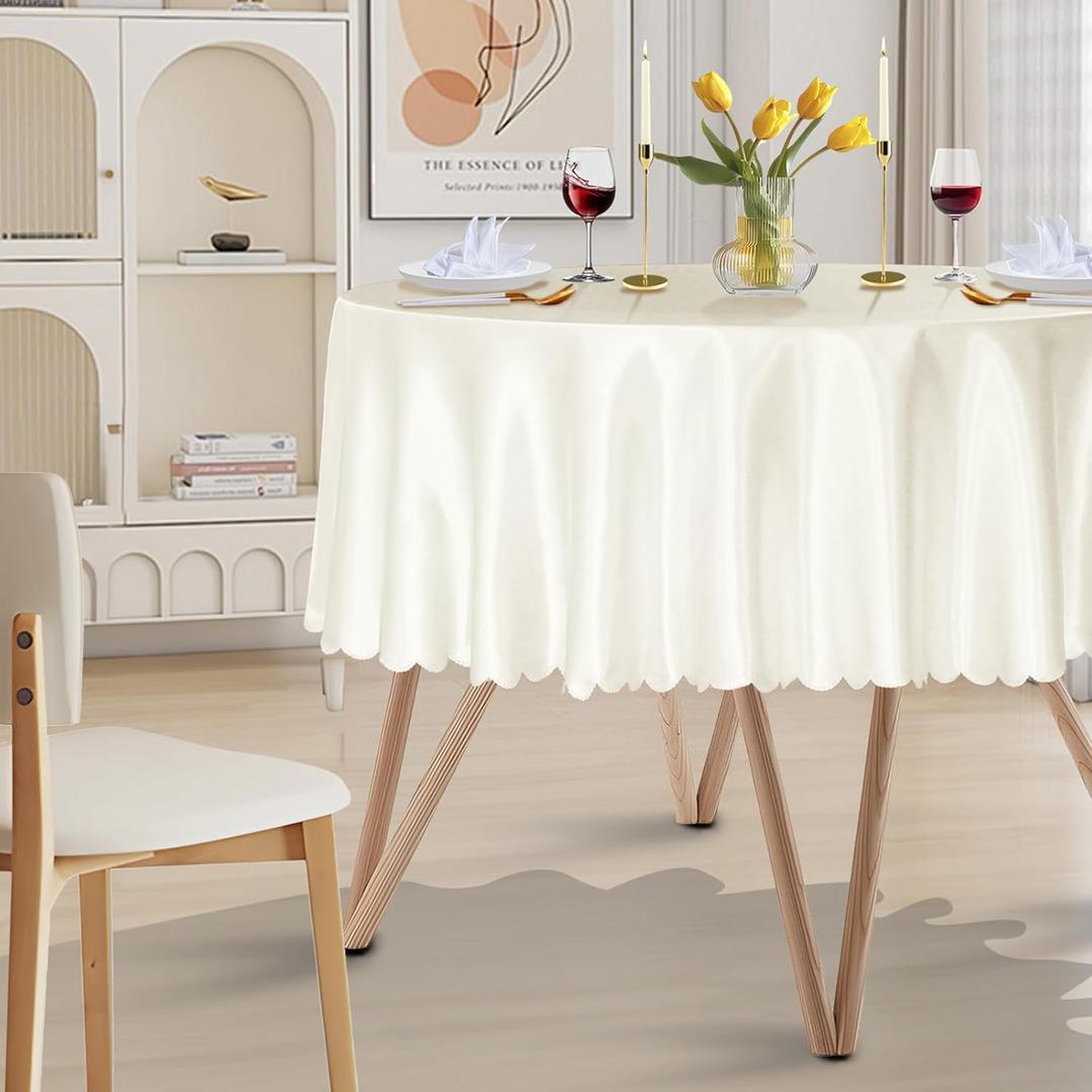 1 Pack 60 Inch Round Satin Tablecloth Ivory Satin Table Cover, Overlay Silky Tablecloth Dining Table Cloths for Wedding, Party, Banquet, Events, Reception, Dinner