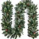 9FT Christmas Garland with Pine Cones, Prelit Christmas Garland Greenery Outdoor Lighted Pine Garland, Mantle Garland Christmas Holiday Decoration Indoor (Berries, 9ft)