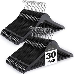 TOPIA HANGER Wooden Coat Hangers 30 Pack, Black Wood Suit Hangers with Non Slip Pants Bar, 360 Swivel Hook and Shoulder Notches for Camisole, Jacket, Pants, Smooth Finish Clothes Hangers -CT34B30