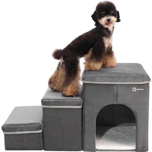 Foldable Pet Stairs for Beds & Sofas - Non-Slip Dog Steps with Storage for Small to Medium Dogs & Cats, Supports up to 120 lbs - Durable 2 & 3-Step Doggie Ladder for Easy Access