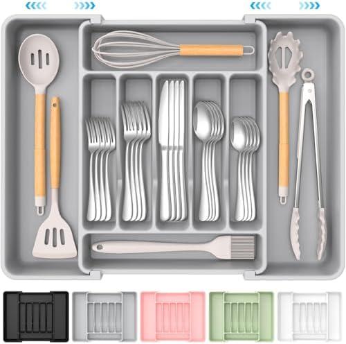 ukeetap Extra Large Expandable Silverware Organizer, BPA-Free Food-Safe Cutlery Flatware Organizer, Kitchen Utensil Drawer Organizer, Adjustable Silverware Holder for Spoons Forks Knives, Gray