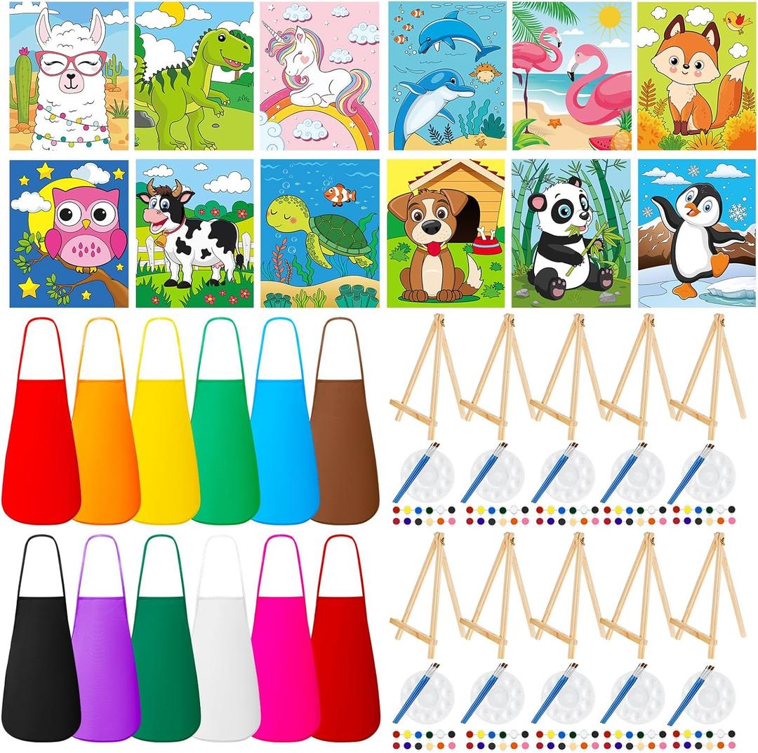 Ireer 84 Pcs Paint Party Set Include 12 Animal Pre Drawn Canvas, Brushes, Palettes, 12 Set Acrylic Paints, Apron Canvas, Painting Kit for Birthday Party Gift Creative Supplies(5 x 7 Inches)
