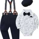 WESIDOM Baby Boy Clothes  Gentleman Outfit, Shirt+Bowtie+Beret+Suspender Pant Baby boy Suit Clothing Set (6-12 Months, Floral+Navy Blue)