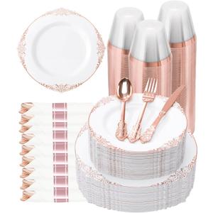 Goodluck 350 Piece Rose Gold Plastic Dinnerware Set for 50 Guests,Fancy Disposable Plates,Include: 100 Rose Gold Rim Plastic Plates,150 Silverwares,50 Pre Rolled Napkins,50 Cups for Party,Wedding