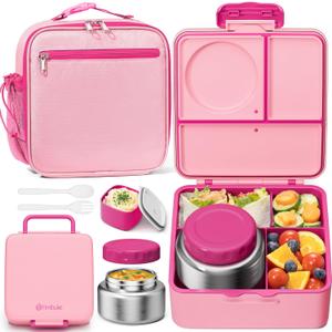 Fimibuke Kids Bento Lunch Box with Thermos, Leakproof Toddler Bento Box with 8.5 OZ Insulated Food Jar, Lunch Bag & Utensils BPA Free Dishwasher Safe 3 or 4 Compartment Container for School Girls Boys (Macaron)