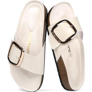 Dumalum Womens Slides Sandals Cork Footbed Flat Sandals Comfort Open Toe Buckle Flip Flops Slip On Home Slippers for Dressy Summer Beach Essentials (Beige)