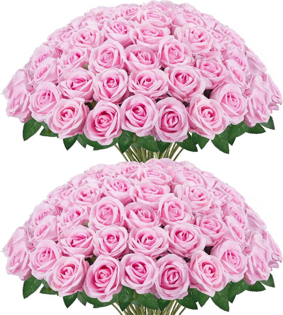 InnoGear 50 Pcs Pink Roses Artificial Flowers, Fake Velvet Silk Rose Bulk Faux Flower for Decoration DIY Wedding Centerpieces Proposal Bridal Bouquets Shower Party Home Floral Decor (50, Pink)