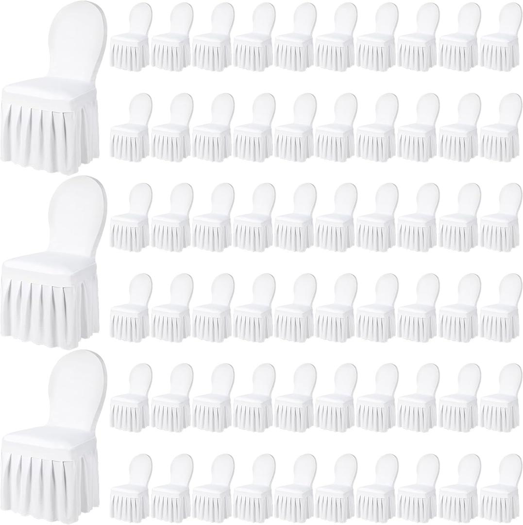 Oudain Chair Slip Covers with Skirt Wedding Long Stretch Spandex Dining Chair Cover Protectors Removable and Washable for Hotel and Wedding Ceremony(White,60 Pieces)