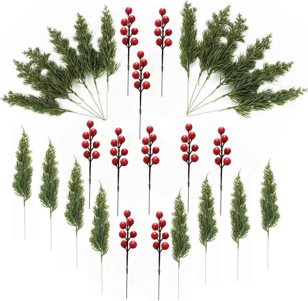 Youshe 20 Pcs Christmas Artificial Pine Branches with 10 Pcs Red Berry Stems, 10" Faux Green Cedar Sprigs Branches, Greenery Pine Needles DIY Cedar Picks for Christmas Garland Wreath Decoration