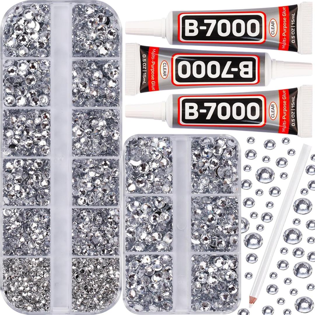 b7000 Glue with 7500Pcs Silver Clear Rhinestones for Crafts Clothes Clothing Fabric, Shiny Flatback Crystals Gems for Crafting Shoes Shirt, Flat Back Diamonds Set Badazzle kit Jewels 2-5mm 4 Sizes Mix (Small Pack + 3pcs Glue)