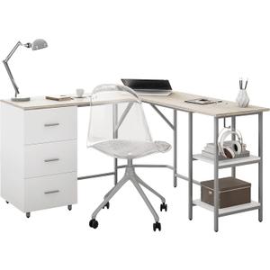 Techni Mobili L Shaped Desk - Two-Toned Computer Desk with Drawers & Storage Shelves - Simple Modern Furniture & Home Office Space Corner Table for Work & Writing (Sand)