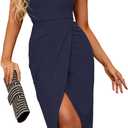One Shoulder Formal Dress Ruched Cocktail Party Midi Dresses, L