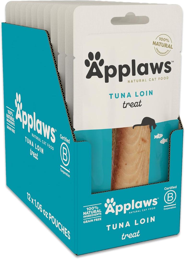 Applaws Natural Cat Treats, Grain-Free, High-Protein Whole Tuna Loins, Single-Ingredient Healthy Snack for Cats (12 x 1.06 oz Loins) (EXP 04/25/27)