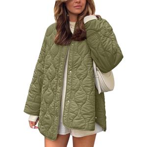 Flygo Women's Oversized Quilted Lightweight Jacket Button Down Puffer Padded Outerwear with Pocket (Medium, Green)