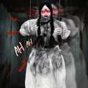 Scary Halloween Decorations Outdoor, Hanging Swinging Girl Ghost with Lighted Eyes and Creepy Sound, Sound Activated Scary Animatronic Doll Prop for Haunted House Yard Porch Halloween Party Decor