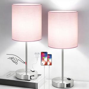 Lynnoland Set of 2 Touch Control Table Lamps, 3-Way Dimmable Bedside Nightstand Lamps for Bedroom Living Room Nursery, 800 Lumens 5000K Warmlight Bulbs Included ((2 Pack)Pink & Brushed Nickel(Base)-5000K Bulbs Included)