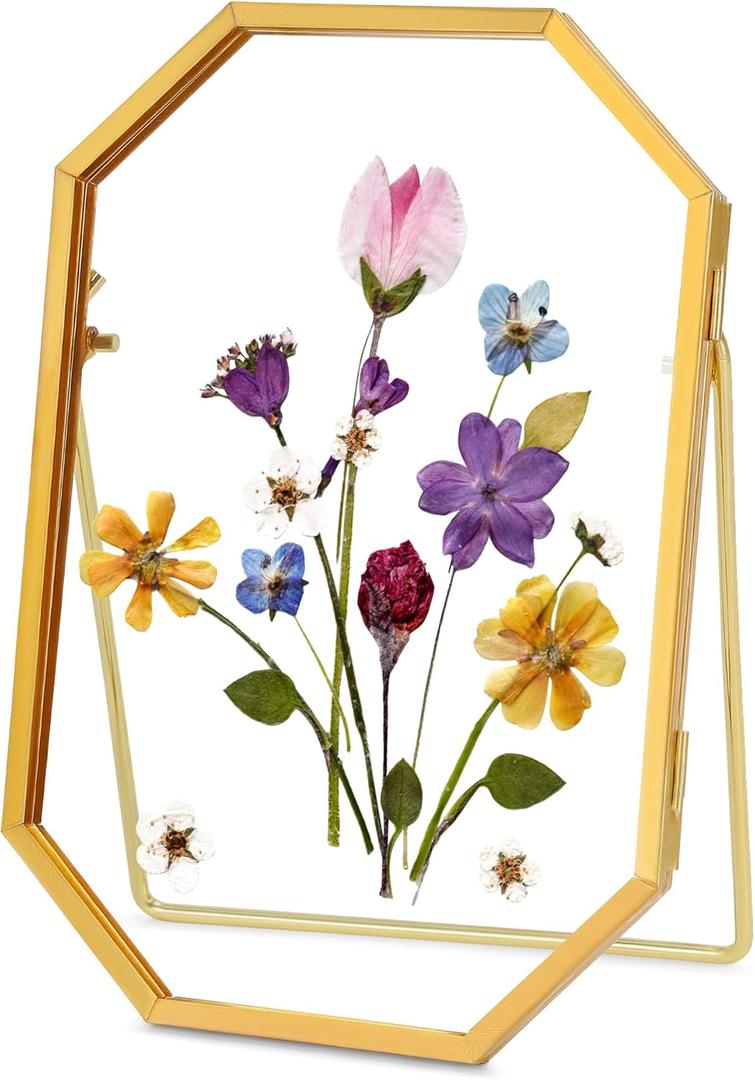 Glass Pressed Flower Frame Handmade, Metal Floating Picture Frame, Double Glass Frame for Pressed Flowers Tabletop Display Unique Brass Frame, Octagon, Gold, 4x6 inches (FRAME ONLY) (4L" x 6W")