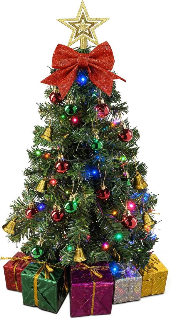 Small Christmas Tree with Lights - 23 Inch Mini Tabletop Christmas Tree with Multi-Color LED Lights, Hanging Ornaments, Decorative Bow and Gift Boxes - Prelit Table Tree for DIY Christmas Decoration