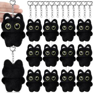 Nosiny 12 Pcs Christmas Black Cat Bag Charm Squeaky Cute Black Cat Plush Keychain Accessories for Kitty Lovers, Birthday Gifts