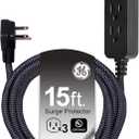 GE 3-Outlet Power Strip Surge Protector 15 Ft Braided Long Cord Extension Cord Surge Protector Power Strip Flat Plug Extension Cord 250 Joules ETL Listed Black 44237