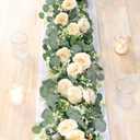 TOCHGREEN 2 Pack 12Ft Artificial Eucalyptus Flower Garland with Champagne Roses, Fake Rose Flower Greenery Garland Floral Vines for Wedding Home Party Table Runner Decor (2PCS, Champagne)