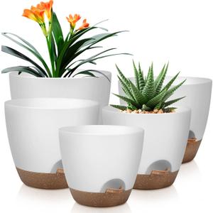 QRRICA Plant Pots 10/9/8/7.5/7 Inch Self Watering Pots, Set of 5 Plastic Planters with Drainage Holes and Saucers,Plastic Flower Pots,Nursery Planting Pot for Indoor Out Door Plants, White