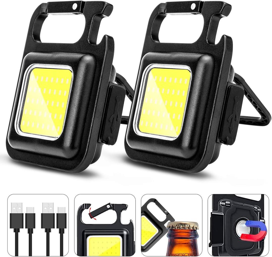 MAKDAK Cob Keychain Work Light Rechargeable EDC Keychain flashilight Emergency Light with Folding Bracket Bottle Opener for Fishing,Camping and Walking 2Pack