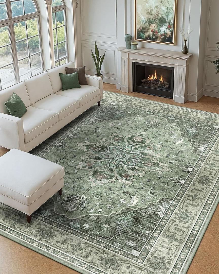 Area Rugs 9'x12' Washable Non-Slip, Floral Vintage Distress Print Pattern Medallion Carpet for Living Room Bedroom Dining Room, Dark Green Gray