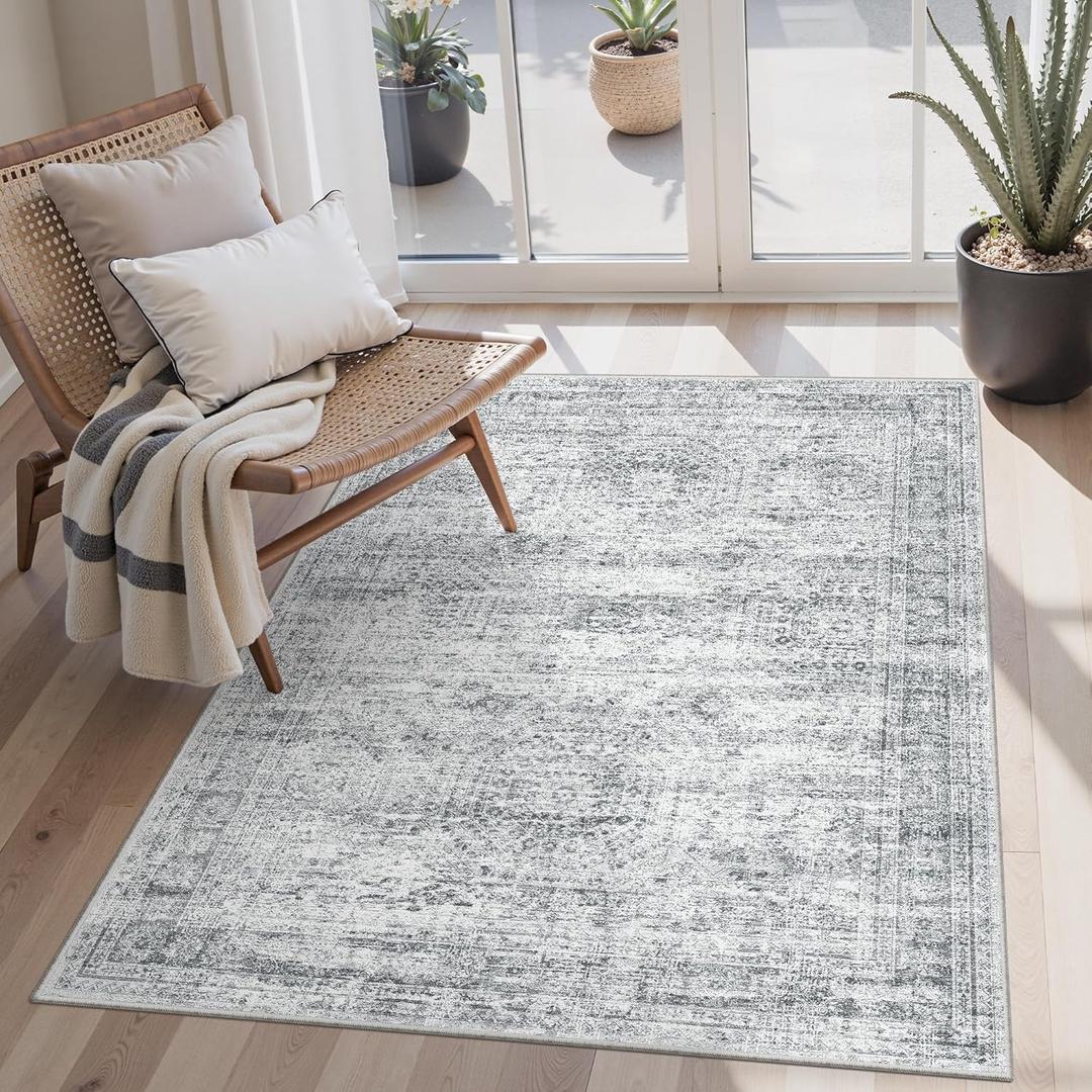 3x5 Rug, Small Area for Kitchen, Entryway, Machine Washable Non-Slip Throw Rug, Vintage Carpet for Nursery Coffee Table Grey