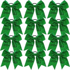 12 Pcs Large Glitter Cheer Bows (Green) - 8" Big Hair Bows for Sports Cheerleaders Accessories, Girls, Teens Women, 12 Count