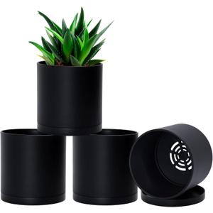 D'vine Dev 4 Pack 5 Inch Modern Plastic Plant Pots, Small Garden Planters for Plant with Drainage Holes and Saucers, Black Color, 74-Y-G-2