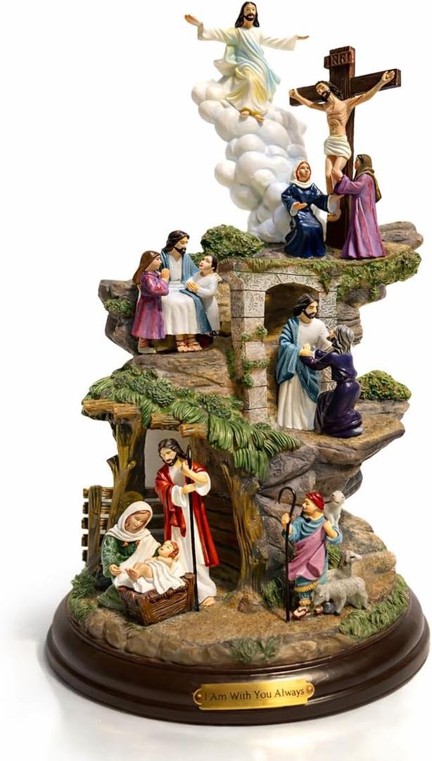 The Bradford Exchange Thomas Kinkade Life of Christ Masterpiece Sculpture, Limited Edition Collectible with Handcrafted Scenes of Nativity, Miracles, Crucifixion & Resurrection on Mahogany Base